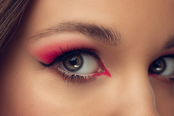 Image showing Close up of beautiful female face, eyes with bright stylish make up isolated on grey studio backgroud