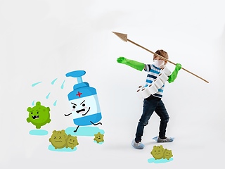 Image showing Little caucasian boy as a warrior in fight with coronavirus pandemic, bright design with cute and funny cartoons style drawings