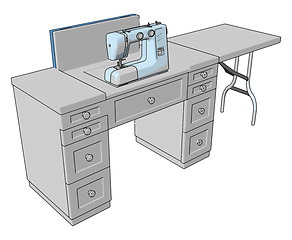 Image showing 3D vector illustration of a sewing machine on a working table wh