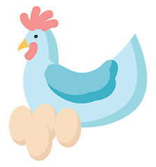 Image showing Light blue chicken with four white eggs vector illustration on w