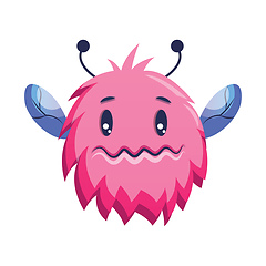 Image showing Pink cartoon monster with blue wings  looking insecure white bac