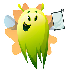 Image showing Smiling cartoon green monster with phone vector illustartion on 