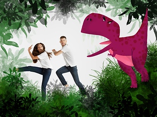 Image showing Colorful drawing in cartoon style collaged with portrait of young caucasian couple running from dinosaur in jungle