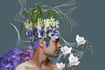 Image showing Portrait of beautiful young man with modern floral design, inspiration artwork. Fashion, beauty, summer concept.