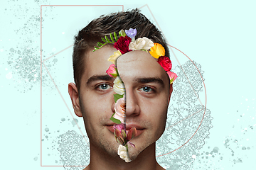 Image showing Portrait of beautiful young man with modern floral design, inspiration artwork. Fashion, beauty, summer concept.