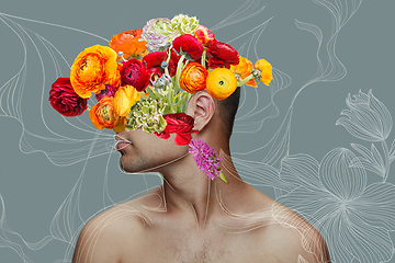 Image showing Portrait of beautiful young man with modern floral design, inspiration artwork. Fashion, beauty, summer concept.
