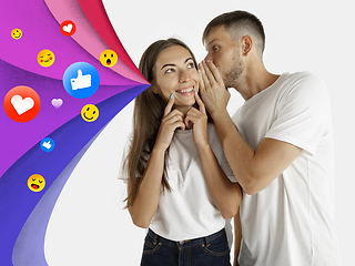 Image showing Colorful drawing in cartoon style collaged with portrait of young caucasian couple with waves of likes, emotions, social network icons