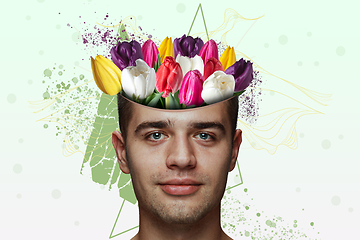 Image showing Portrait of beautiful young man with modern floral design, inspiration artwork. Fashion, beauty, summer concept.