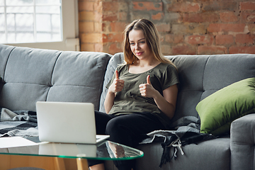 Image showing Young woman, businesswoman working or studying at home with laptop sitting on sofa. Attented, concentrated. Copyspace.