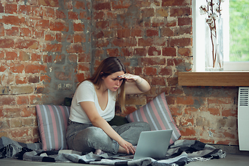 Image showing Young woman, businesswoman working or studying at home with laptop near window. Attented, concentrated. Copyspace.