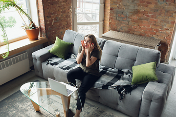 Image showing Young woman, businesswoman working or studying at home, looking on computer screen, monitor. Attented, concentrated. Copyspace. Top view.