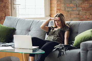 Image showing Young woman, businesswoman working or studying at home with laptop sitting on sofa. Attented, concentrated. Copyspace.