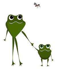 Image showing Two frogs walking holding their hands and a mosquito flies above