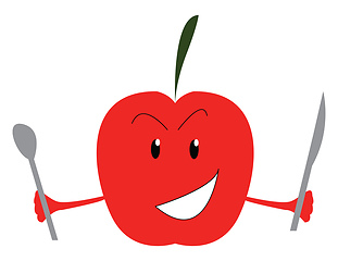 Image showing A crazy red apple is ready to feast with spoon and knife in the 