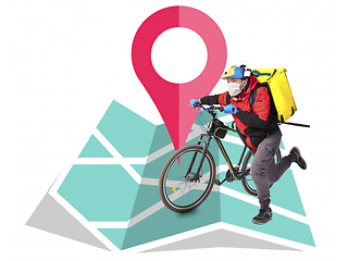 Image showing Home delivery, food purchase via the Internet. Deliveryman on bike arriving to any address worldwide on the map with your order.