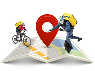 Image showing Home delivery, food purchase via the Internet. Deliverymen on unicycle and bike arriving to any address worldwide on the map with your order.