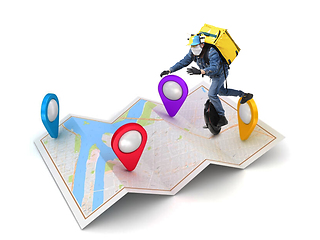 Image showing Home delivery, food purchase via the Internet. Deliveryman on unicycle arriving to any address worldwide on the map with your order.