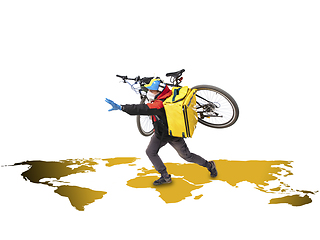 Image showing Home delivery, food purchase via the Internet. Deliveryman on bike arriving to any address worldwide on the map with your order.