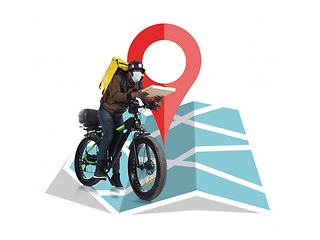 Image showing Home delivery, food purchase via the Internet. Deliveryman on bike arriving to any address worldwide on the map with your order.