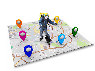 Image showing Home delivery, food purchase via the Internet. Deliveryman on unicycle arriving to any address worldwide on the map with your order.