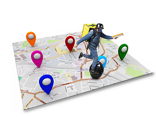 Image showing Home delivery, food purchase via the Internet. Deliveryman on unicycle arriving to any address worldwide on the map with your order.