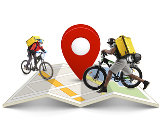 Image showing Home delivery, food purchase via the Internet. Deliverymen on bikes arriving to any address worldwide on the map with your order.