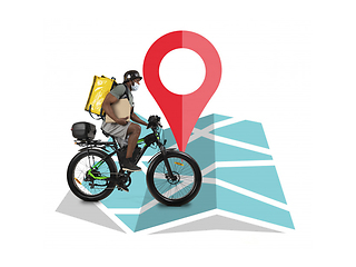 Image showing Home delivery, food purchase via the Internet. Deliveryman on bike arriving to any address worldwide on the map with your order.