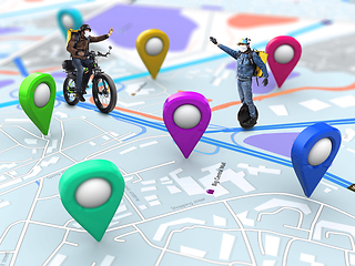 Image showing Home delivery, food purchase via the Internet. Deliveryman on bike arriving to any address worldwide on the map with your order.