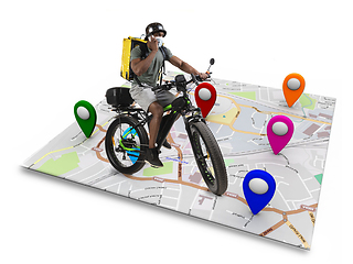 Image showing Home delivery, food purchase via the Internet. Deliveryman on bike arriving to any address worldwide on the map with your order.