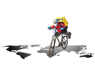 Image showing Home delivery, food purchase via the Internet. Deliveryman on bike arriving to any address worldwide on the map with your order.