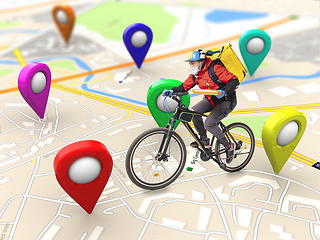 Image showing Home delivery, food purchase via the Internet. Deliveryman on bike arriving to any address worldwide on the map with your order.