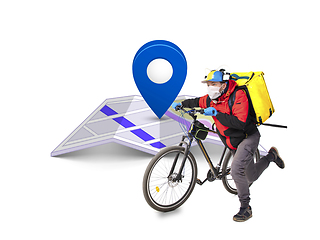 Image showing Home delivery, food purchase via the Internet. Deliveryman on bike arriving to any address worldwide on the map with your order.