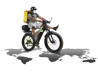 Image showing Home delivery, food purchase via the Internet. Deliveryman on bike arriving to any address worldwide on the map with your order.