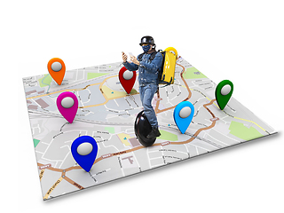 Image showing Home delivery, food purchase via the Internet. Deliveryman on unicycle arriving to any address worldwide on the map with your order.