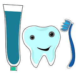 Image showing Clipart of a tooth emoji along with a tooth brush and a tooth pa