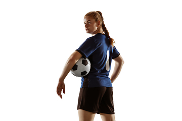 Image showing Female soccer, football player posing confident with ball isolated on white background