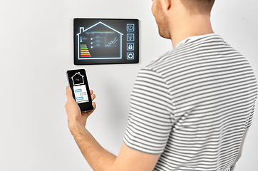 Image showing man with smartphone and tablet pc at smart home