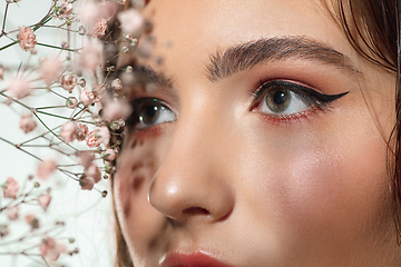 Image showing Close up of beautiful female face with organic treatment over white background. Cosmetics and makeup, natural and eco treatment, skin care.