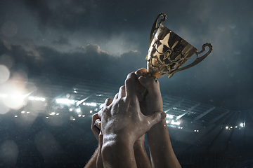 Image showing Award of victory, male hands tightening the cup of winners against cloudy dark sky