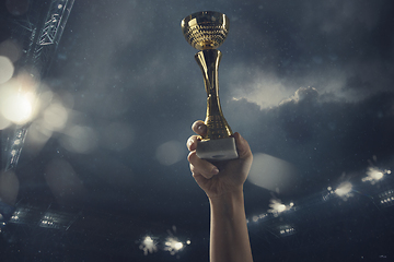 Image showing Award of victory, male hands tightening the cup of winners against cloudy dark sky