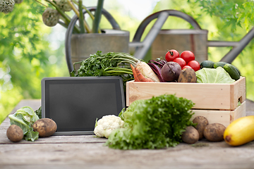 Image showing close up of vegetables with tablet pc on farm