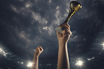 Image showing Award of victory, male hands tightening the cup of winners against cloudy dark sky