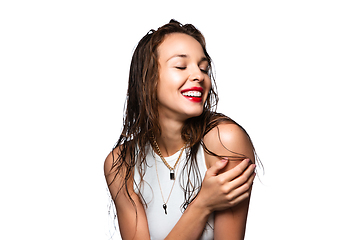 Image showing Portrait of beautiful stylish woman isolated on white studio background