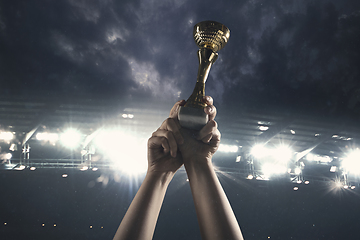 Image showing Award of victory, male hands tightening the cup of winners against cloudy dark sky