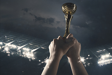 Image showing Award of victory, male hands tightening the cup of winners against cloudy dark sky