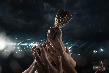 Image showing Award of victory, male hands tightening the cup of winners against cloudy dark sky