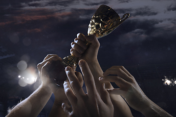 Image showing Award of victory, male hands tightening the cup of winners against cloudy dark sky