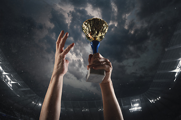 Image showing Award of victory, male hands tightening the cup of winners against cloudy dark sky