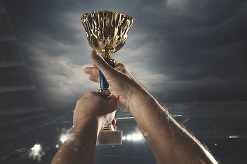 Image showing Award of victory, male hands tightening the cup of winners against cloudy dark sky