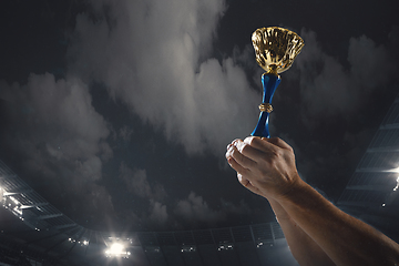 Image showing Award of victory, male hands tightening the cup of winners against cloudy dark sky